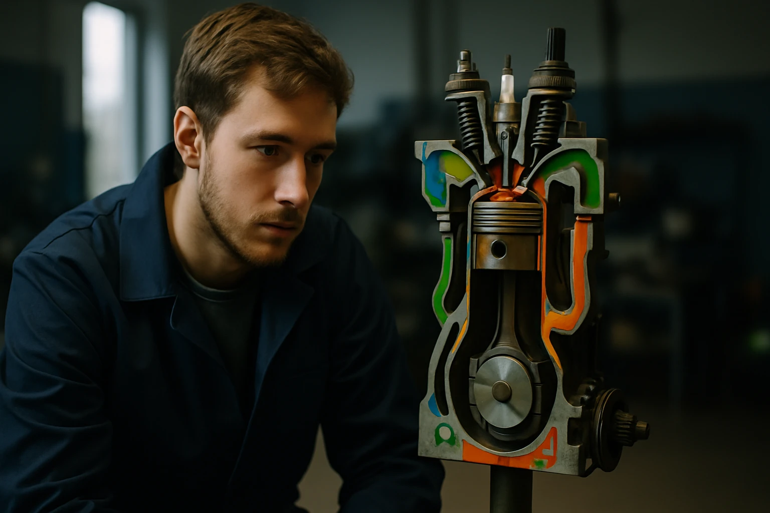 Egy fiatal férfi figyelmesen nézi a motor egy részét, amely színesen van bemutatva.