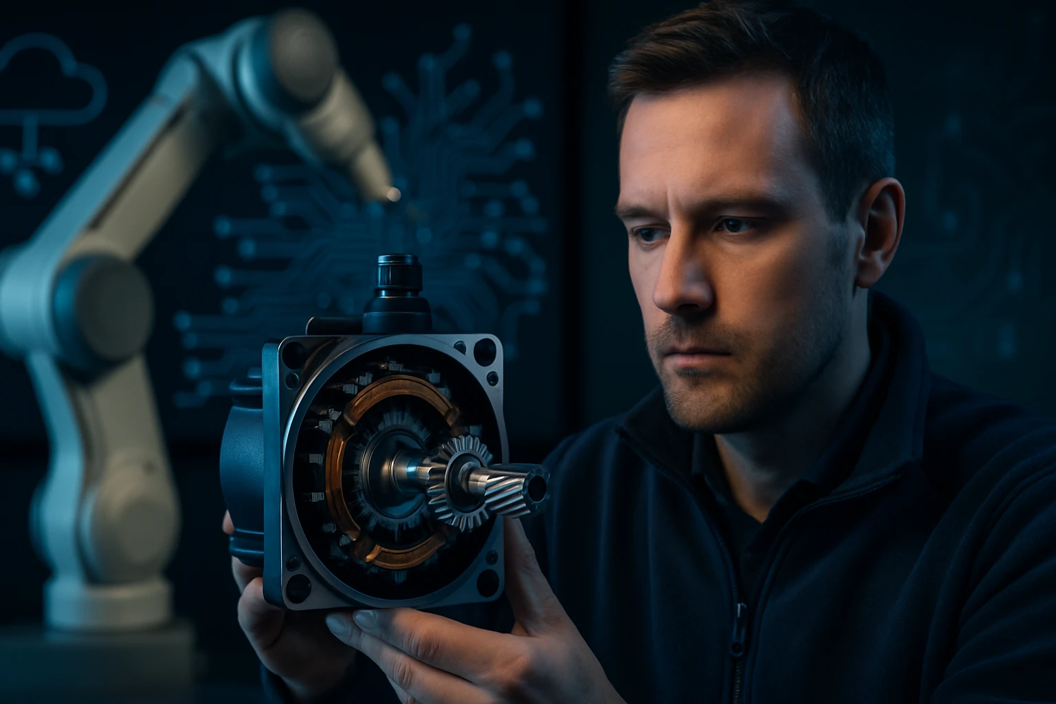 Egy férfi közelről vizsgál egy motoralkatrészt, miközben egy robotkar látható a háttérben.