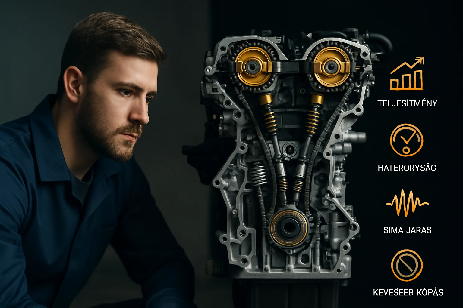 Egy férfi figyelmesen nézi a motorblokkot, amely a teljesítmény és sima járás jellemzőit mutatja.