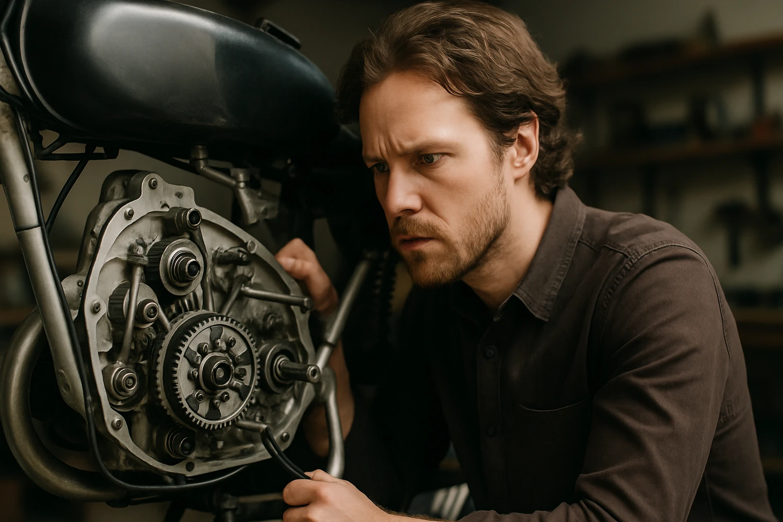 Egy férfi figyelmesen vizsgál egy motor alkatrészeit egy műhelyben.