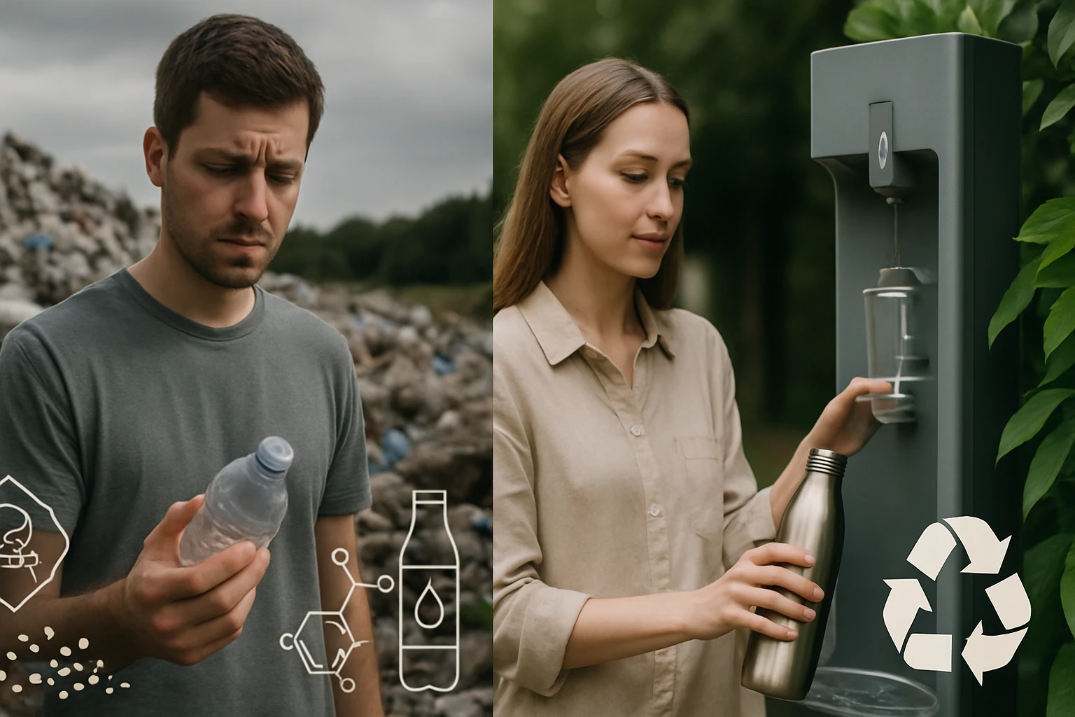 Egy férfi szomorúan nézi a műanyag palackot, míg egy nő újratölti a fém palackját egy vízadónál.