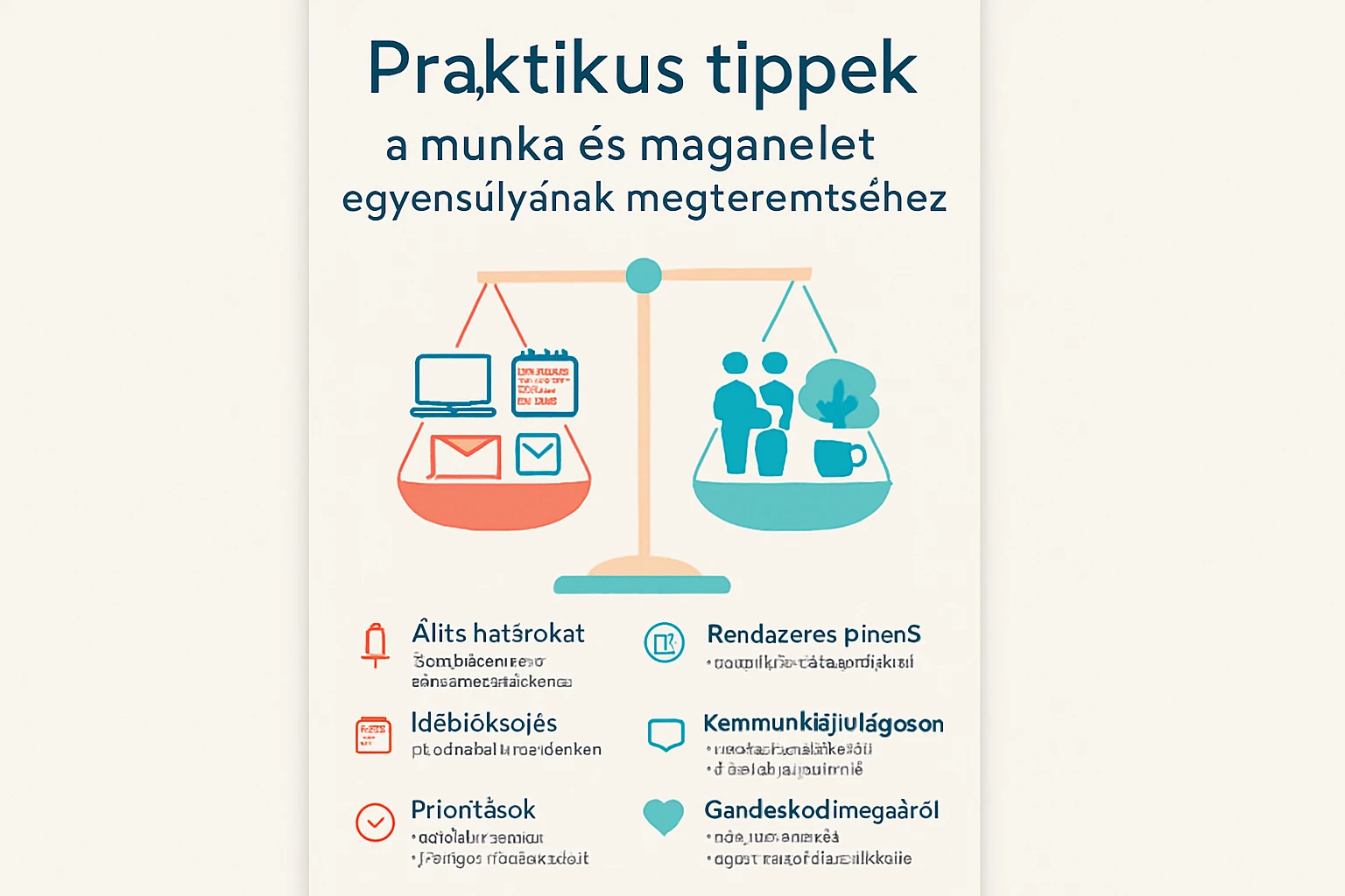 Kép egy mérleggel, amelyen a munka és a magánélet szimbólumai láthatók, mint laptop és család.