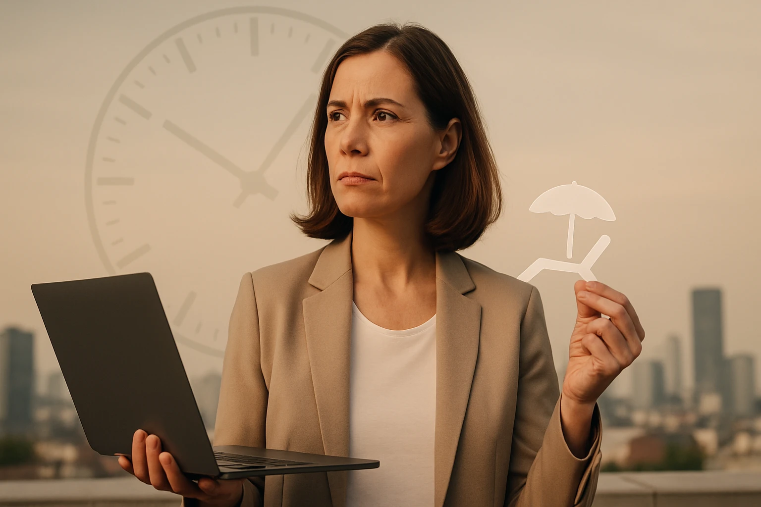 Egy nő laptopot tart a kezében, miközben egy napernyőt ábrázoló papírt mutat.