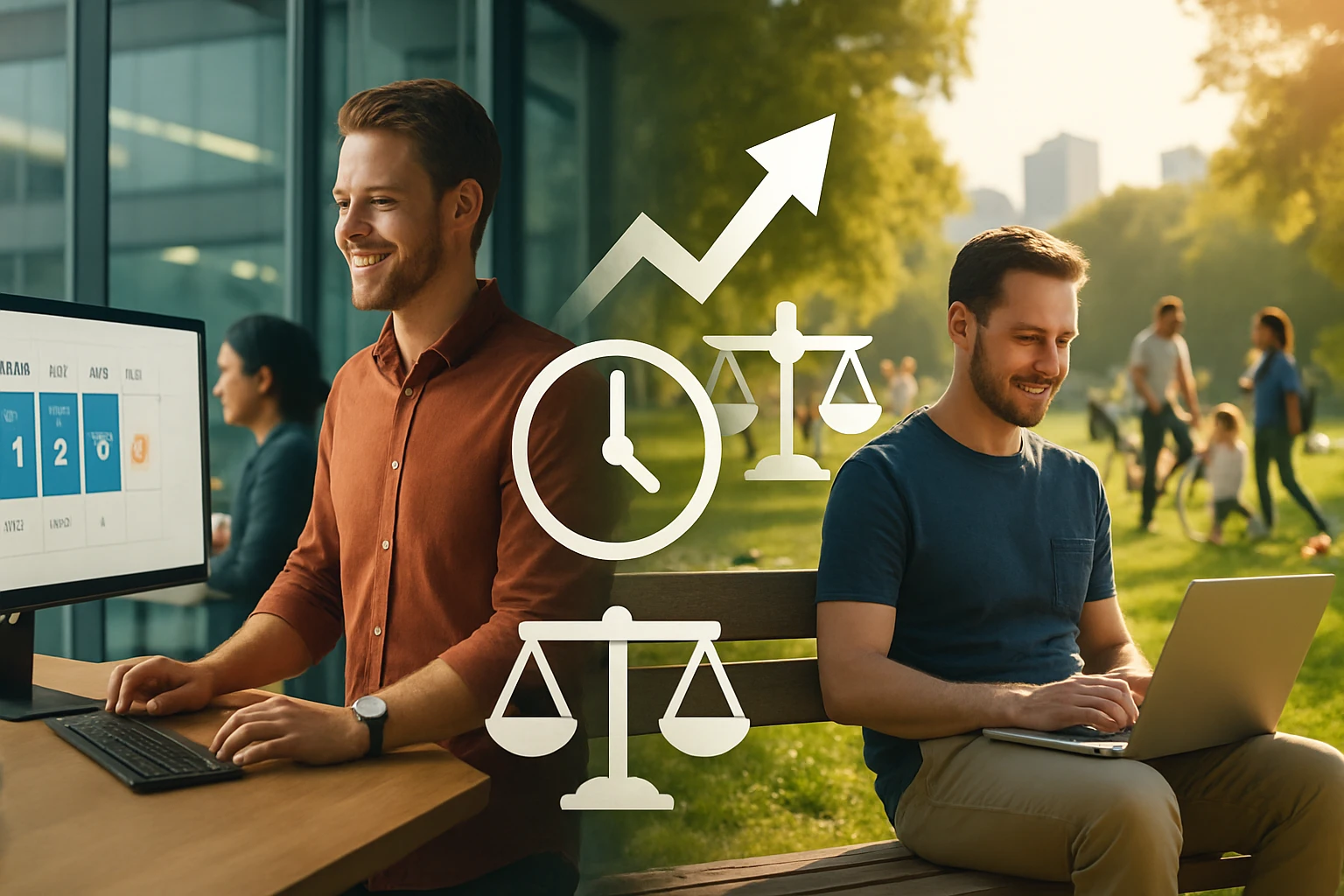 Két férfi, az egyik számítógépnél dolgozik, a másik a szabadban laptopozik, szimbólumokkal a munka és szabadidő egyensúlyáról.