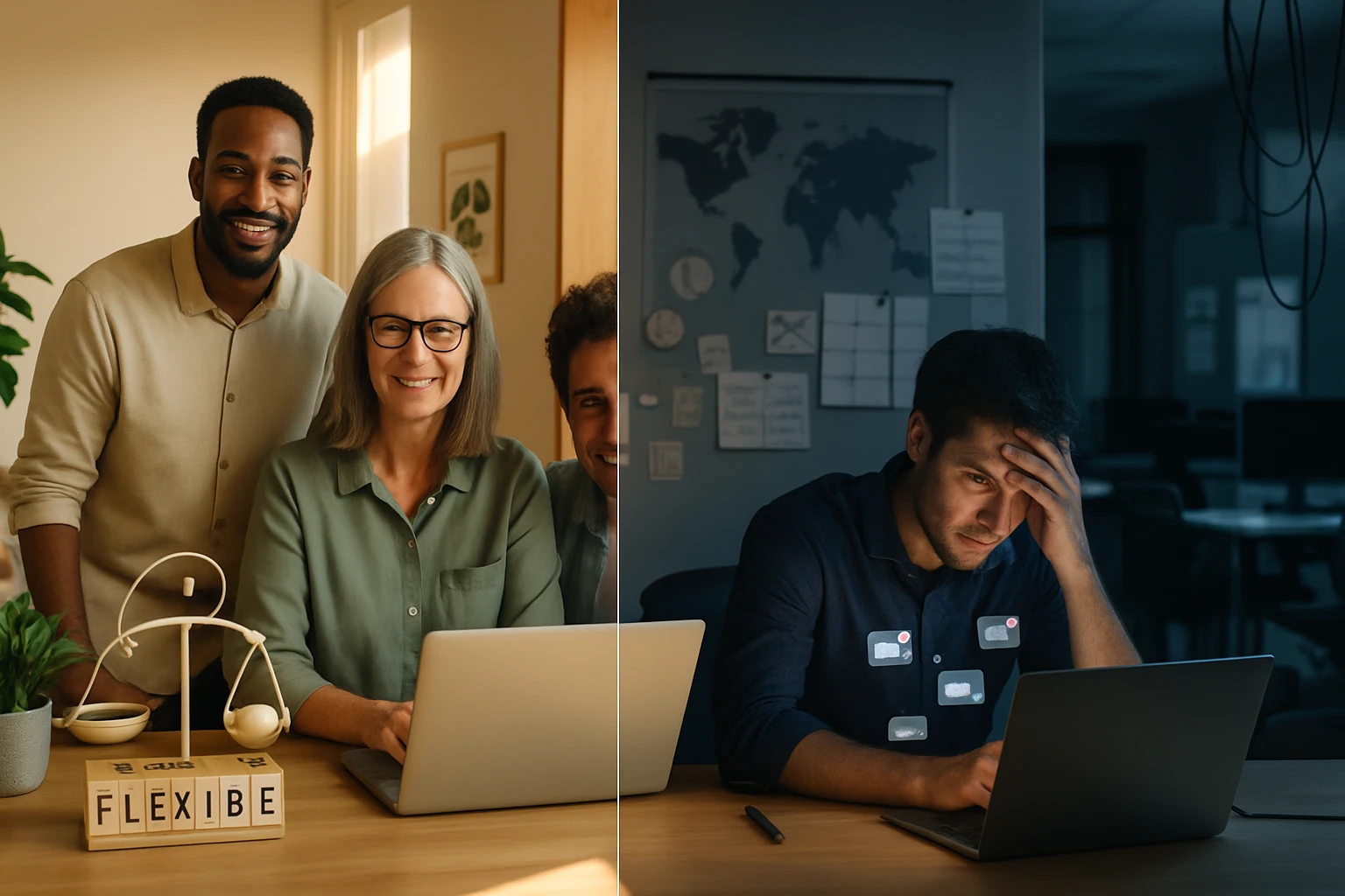 Két különböző munkahelyi környezet: egy vidám csapat a számítógépeknél és egy stresszes férfi az irodában.