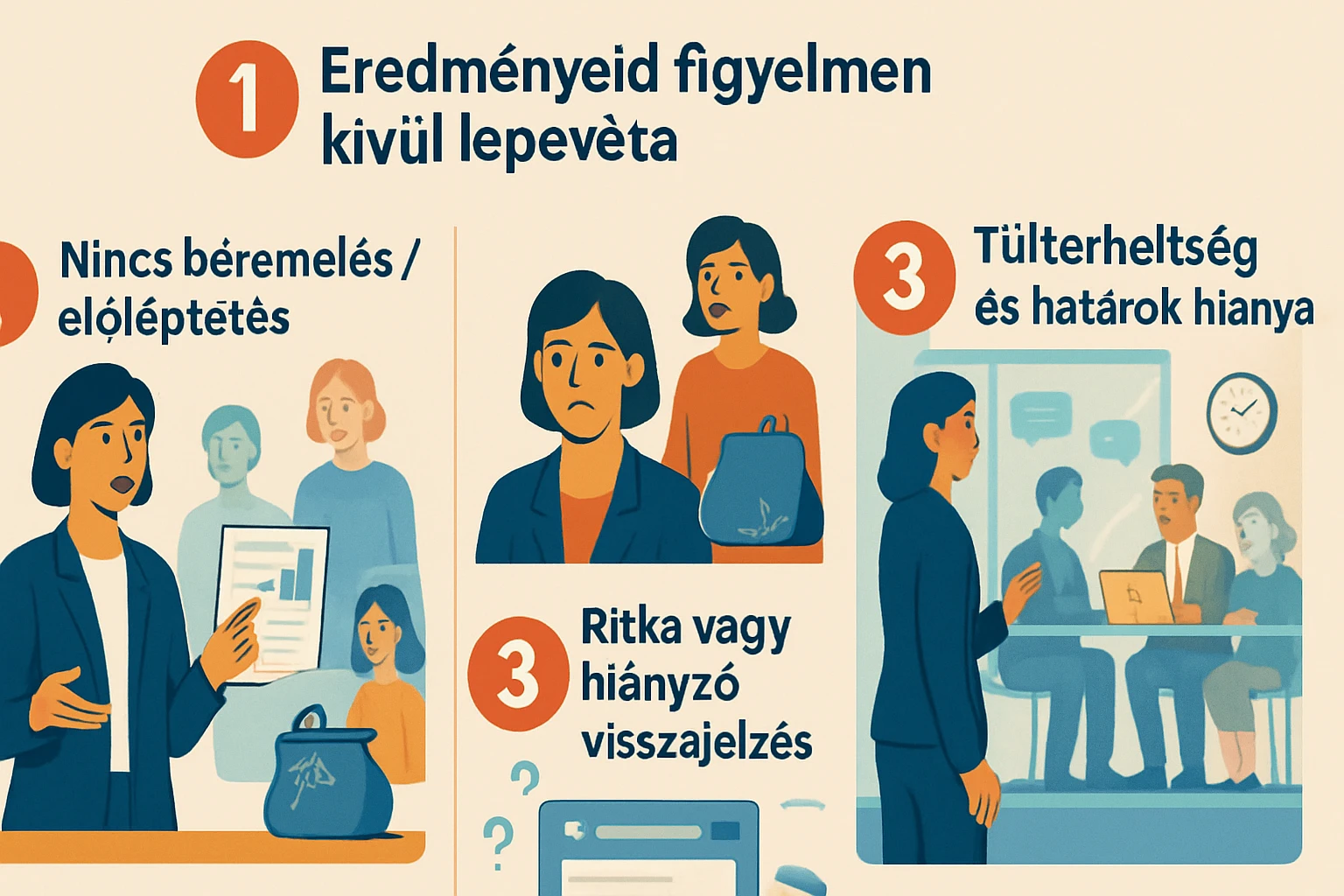 Egy illusztráció, amely a munkahelyi problémákat mutatja be, például a bérfejlesztés hiányát és a visszajelzés ritkaságát.