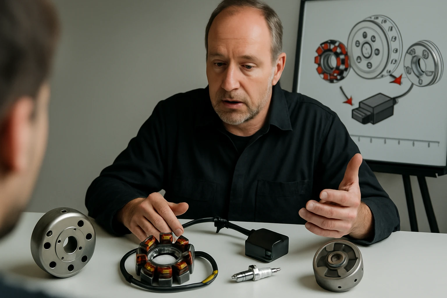 Egy férfi különböző műszaki alkatrészeket mutat be egy asztalon, háttérben diagrammal.