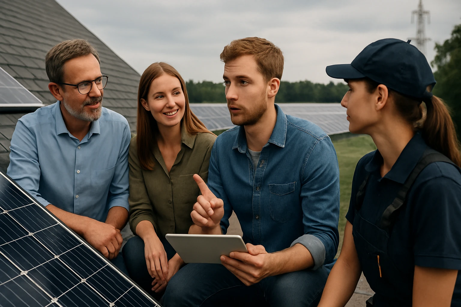 Négy ember beszélget egy napelem telepítéséről egy tetőn, táblagéppel a kezükben.