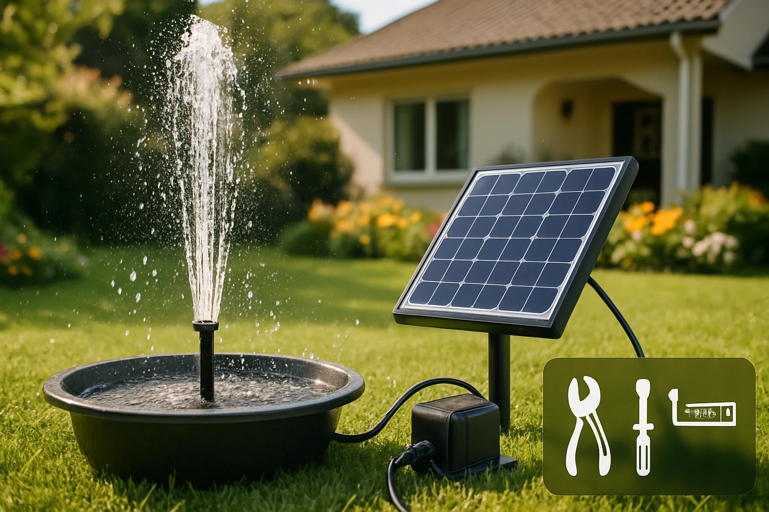 Napelemes vízszivattyú és szökőkút működés közben egy zöld kertben.