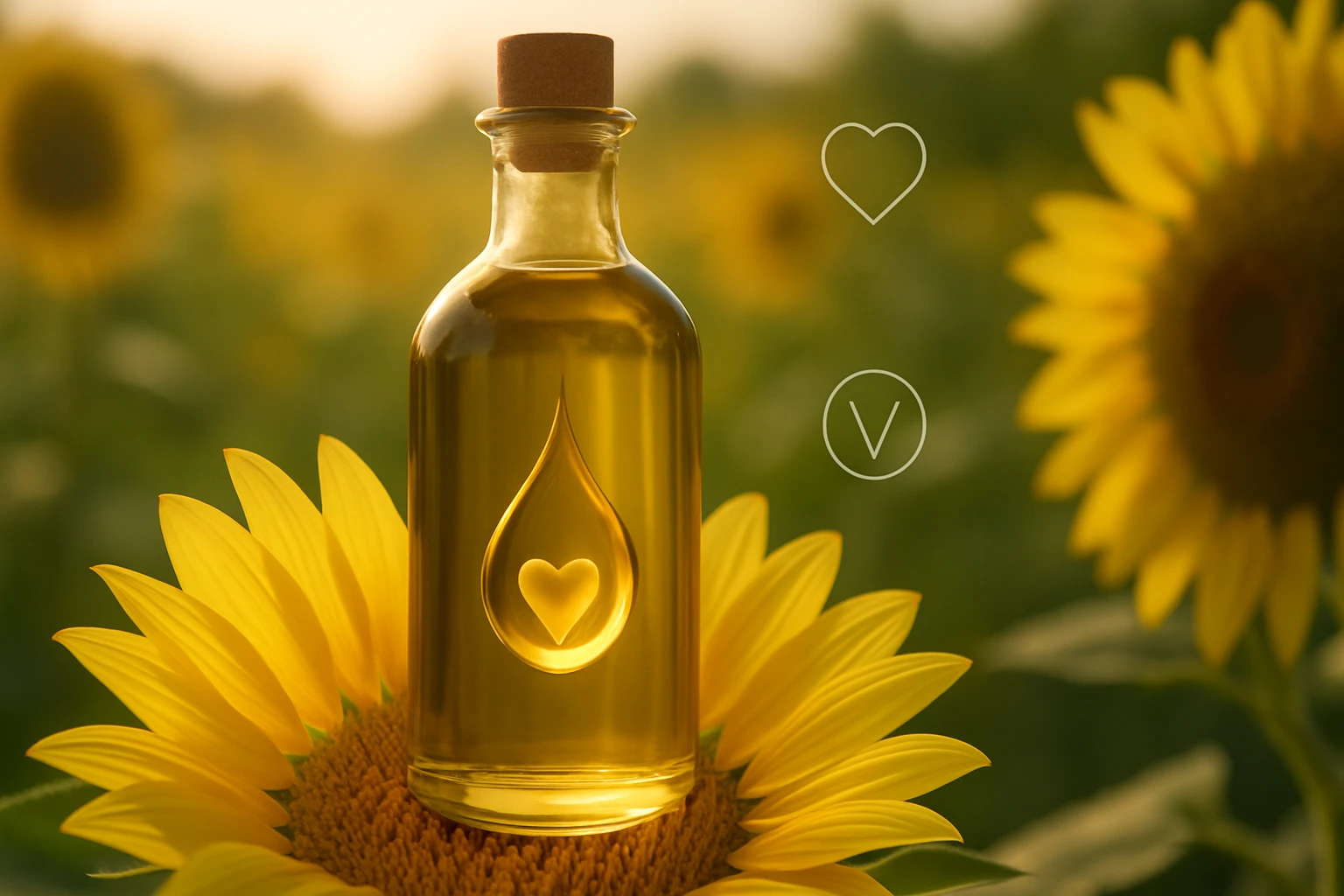 Egy üveg napraforgóolaj, szív alakú csepp mintával, napraforgók között.