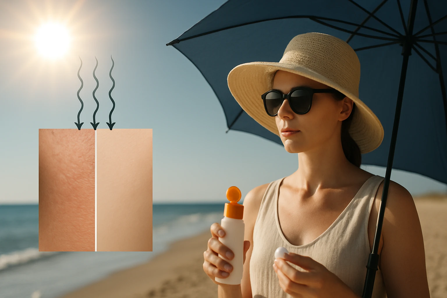 Egy nő napernyő alatt napvédő krémet tart a kezében, a háttérben tengerpart látható.