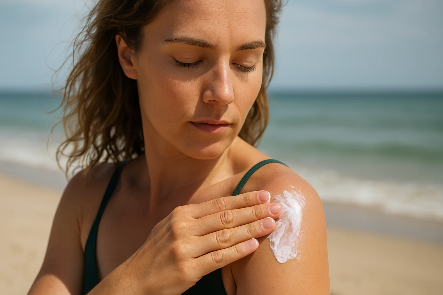 Egy nő napvédő krémet visz fel a vállára a tengerparton.