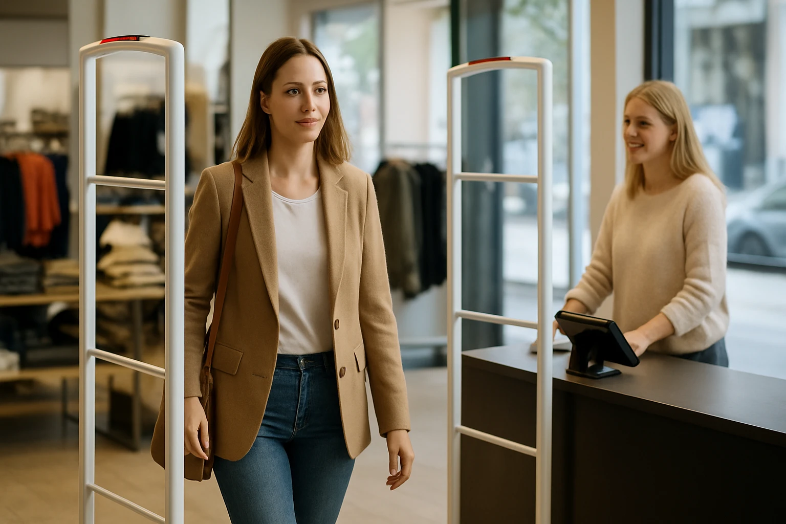 Egy fiatal nő sétál be egy boltba, miközben a biztonsági kapu mellett halad el.