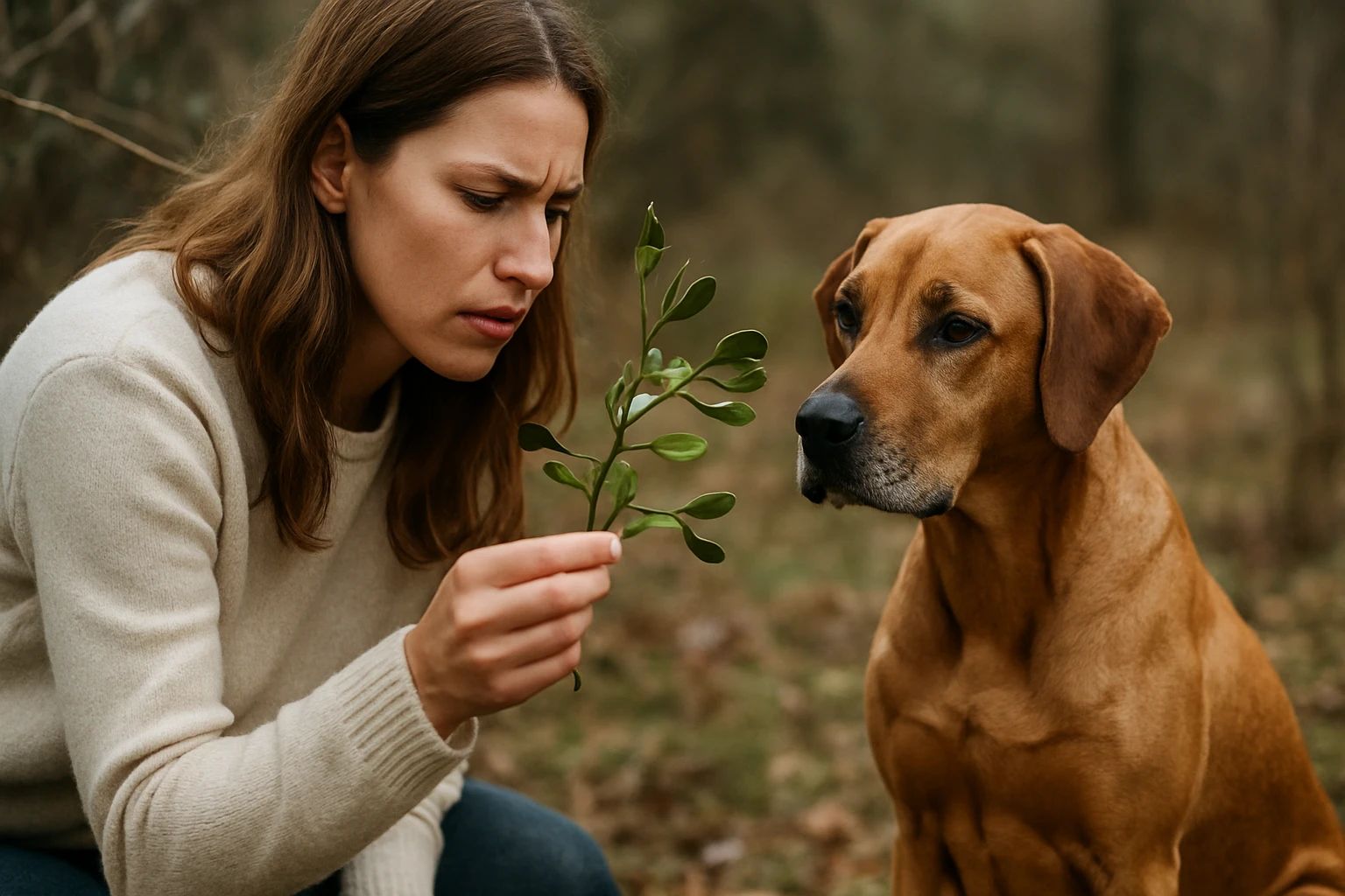 Egy nő figyelmesen nézi a kezében tartott zöld ágat, mellette egy kutya ül.