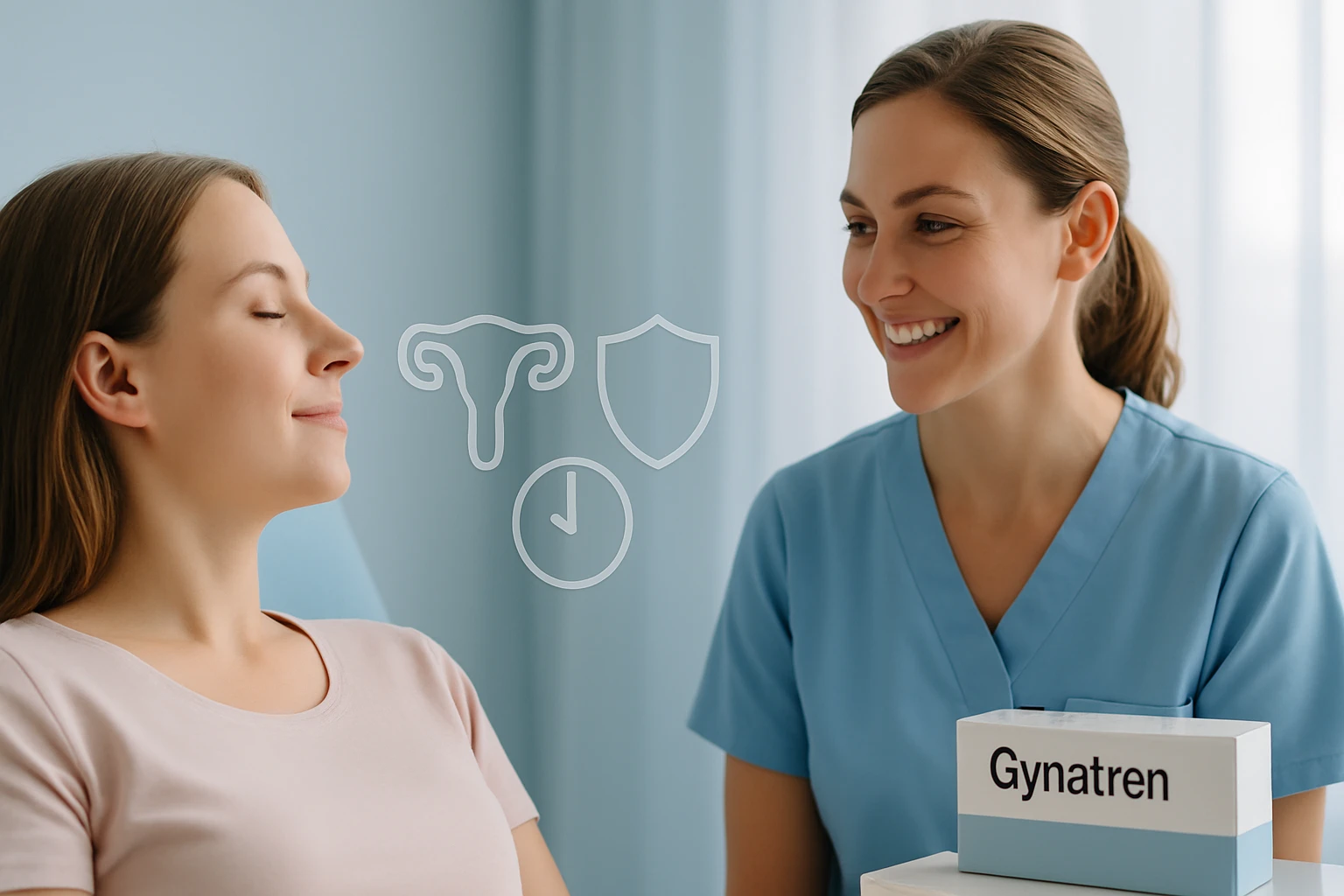 Egy nő orvosi rendelőben ül, mosolyogva beszél egy nővérrel, aki Gynatren dobozát mutatja.
