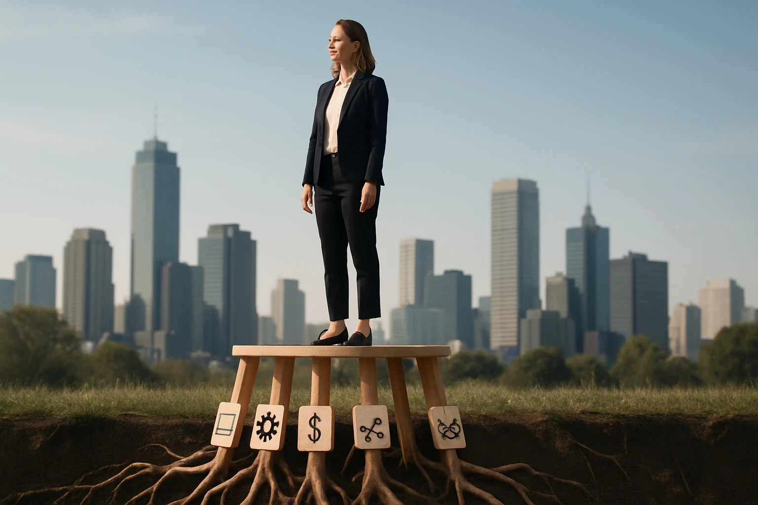 Egy nő öltönyben áll egy faasztalon, mögötte városi táj látható, szimbólumokkal a gyökerek között.