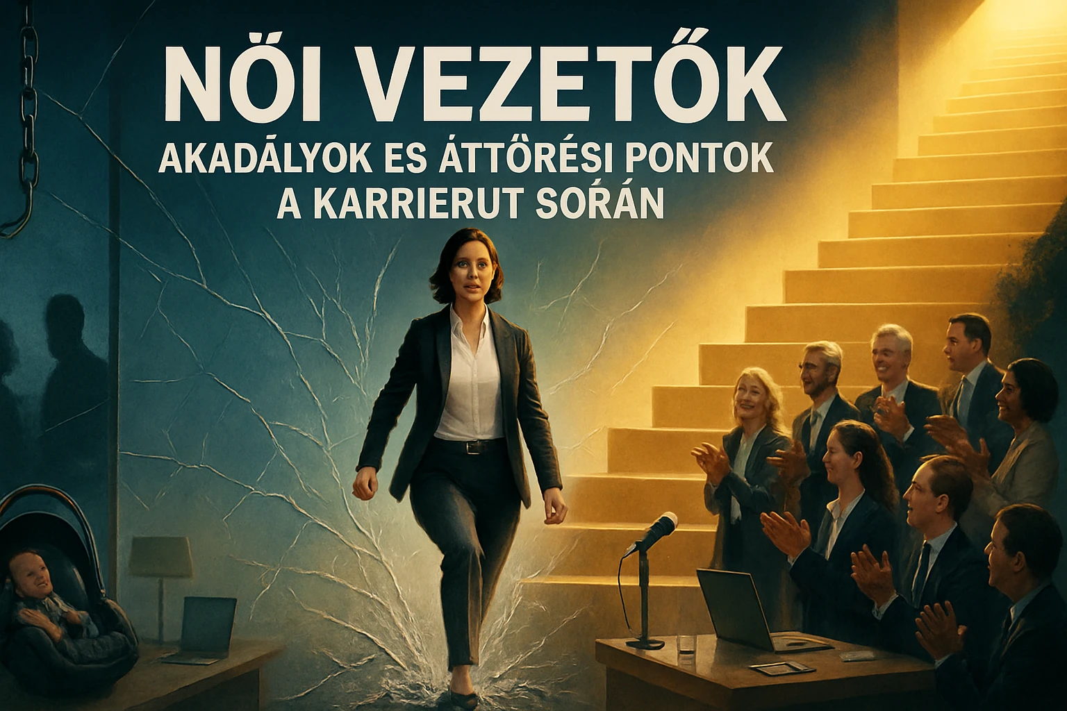 Egy női vezető lép ki a sötétből, mögötte a karrier lépcsőfokai és egy támogató közönség.