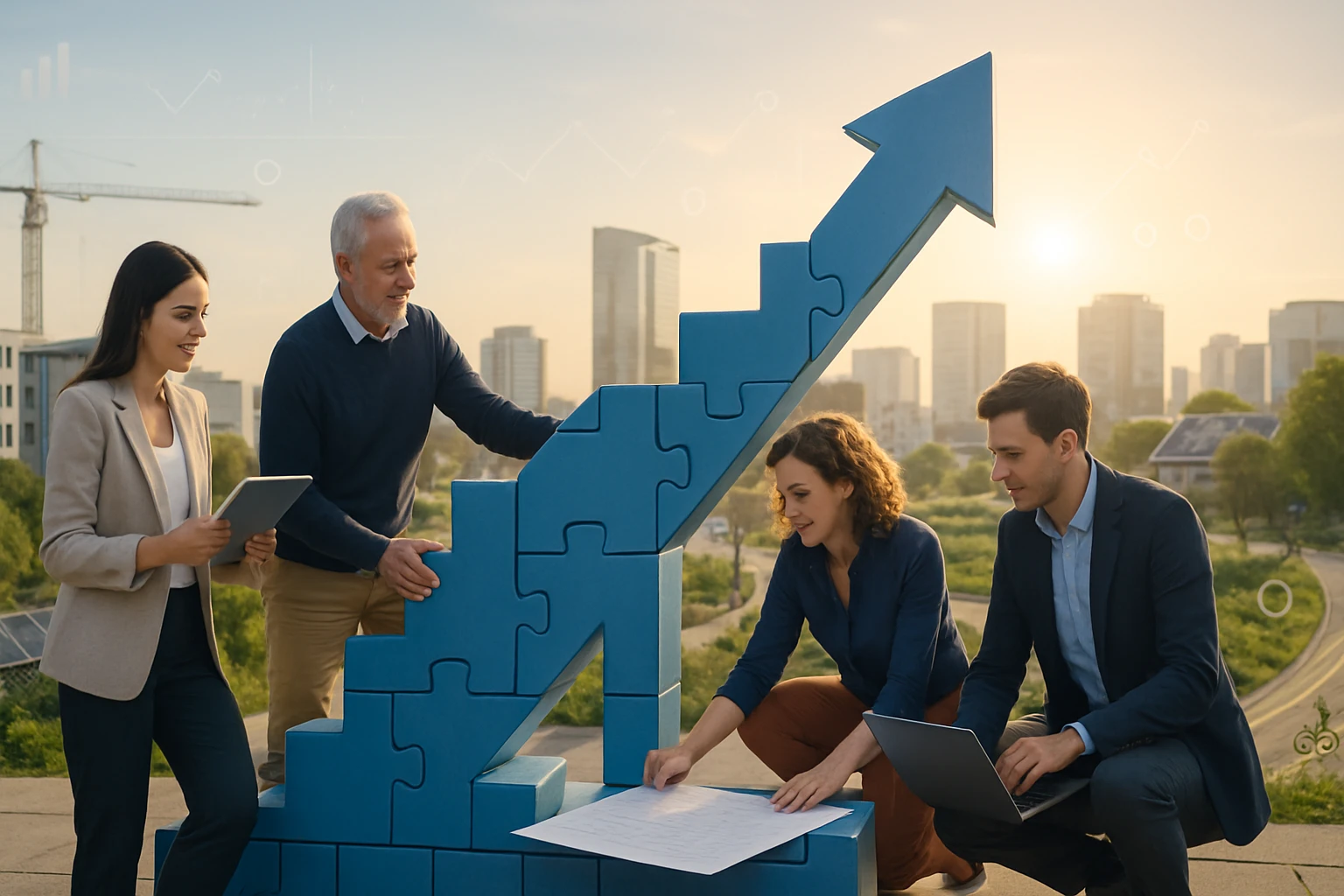 Négy ember egy kék puzzle lépcsőn dolgozik, amely a növekedést szimbolizálja, háttérben városi tájjal.