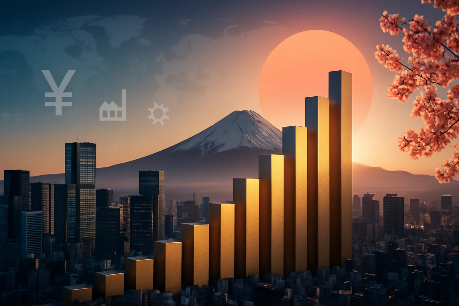 Egy városi táj, arany színű grafikonokkal, háttérben a Fuji-hegy és naplemente.