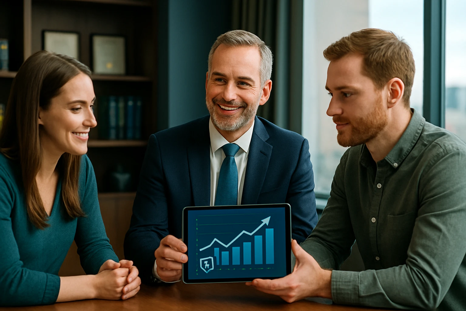 Három ember ül egy asztalnál, a középen lévő férfi egy táblagépet mutat, amelyen növekvő grafikon látható.