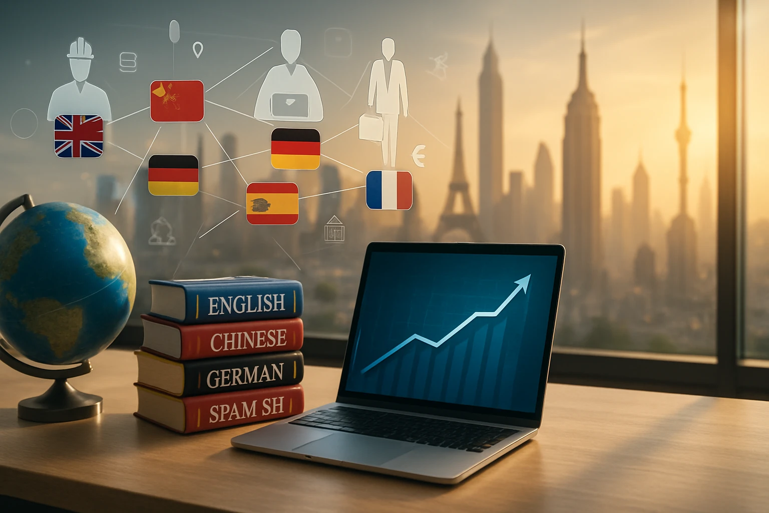 Egy laptop, amelyen növekvő grafikon látható, mellette nyelvkönyvek és egy földgömb.