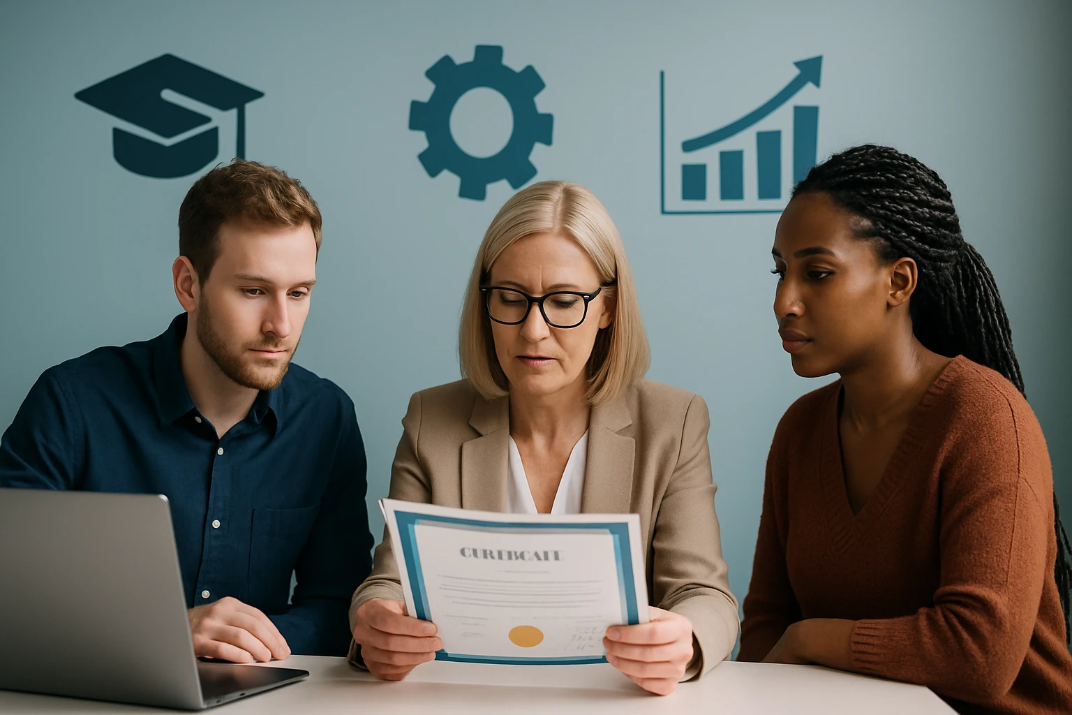 Három ember ül egy asztalnál, egy nő egy oklevelet néz, míg a másik két személy figyelmesen hallgat.