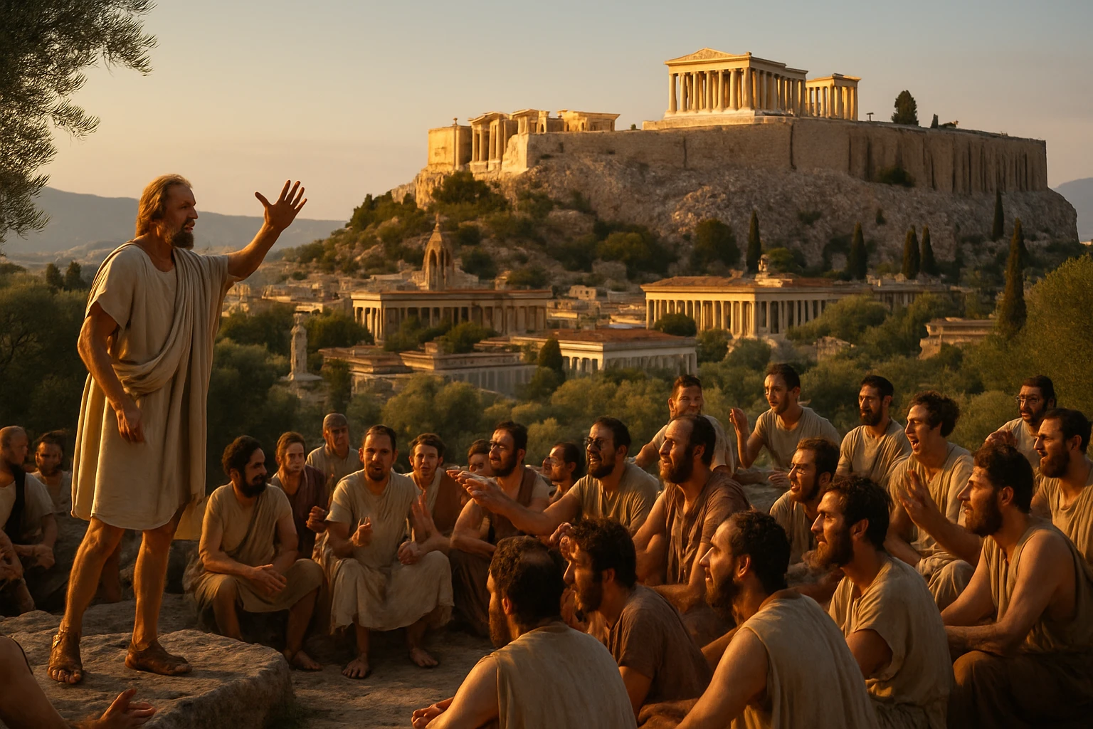 Egy filozófus beszélget egy csoport férfival az ókori Athénban, háttérben az Akropolisz.