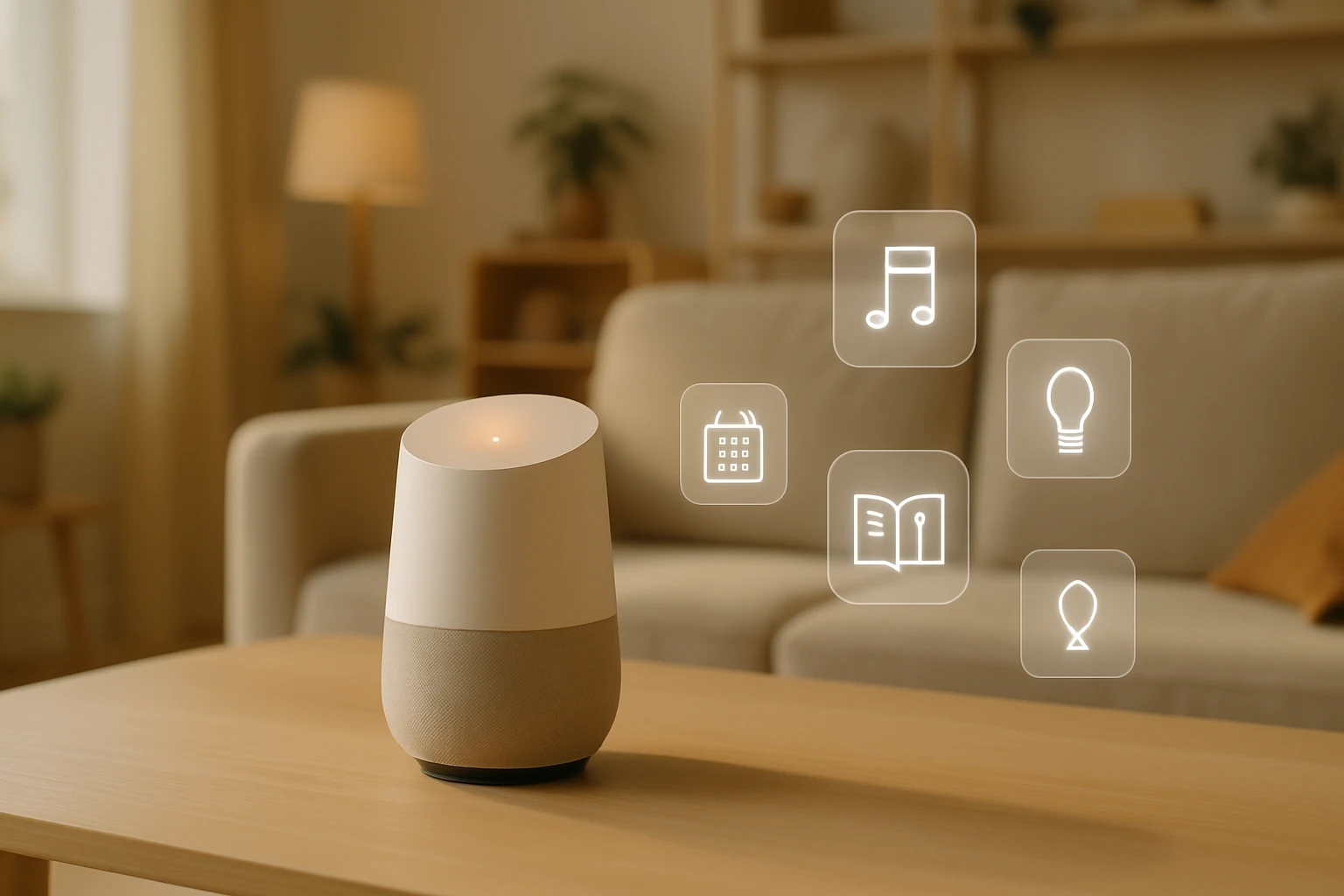 Egy modern okos hangszóró, amely különböző funkciókat jelképező ikonokkal van körülvéve.