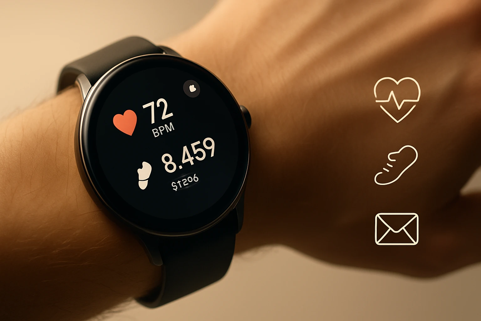 Egy okosóra, amelyen a pulzus 72 BPM, lépésszám 8459, és egyéb funkciók láthatók.