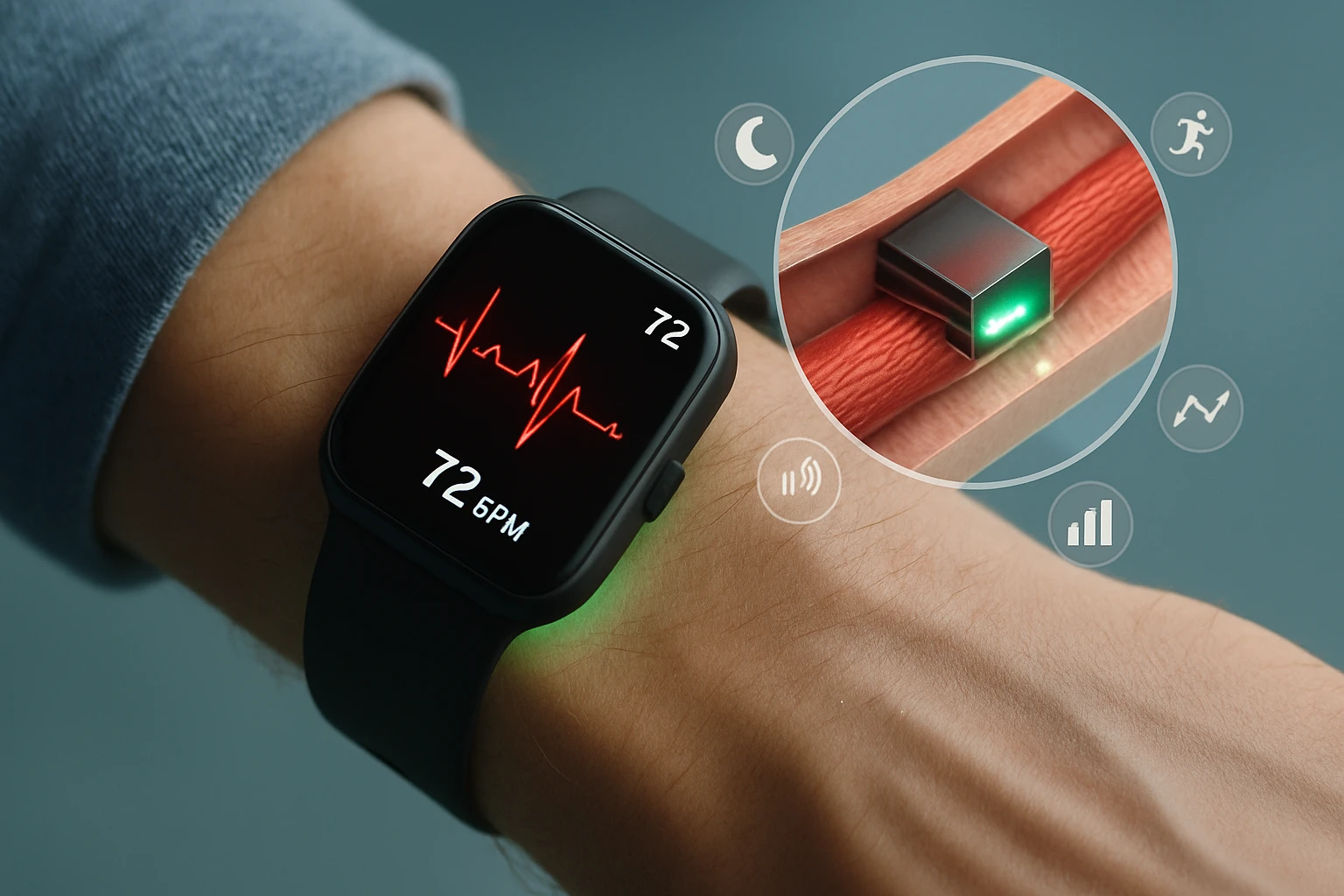 Egy okosóra, amely a pulzusszámot mutatja, zöld fényjelzéssel a hátoldalán.