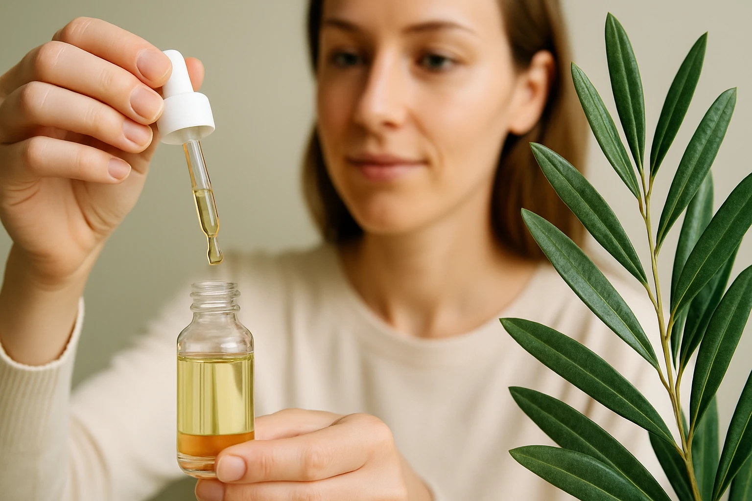 Egy nő pipettával cseppent egy üveg olajat, mellette zöld növény látható.