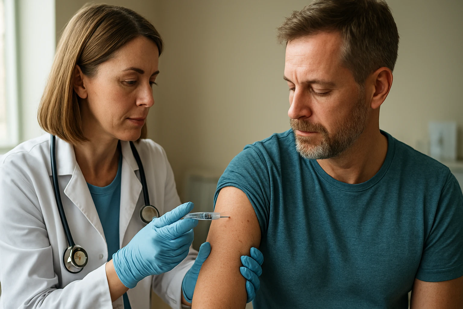 Egy orvos oltást ad egy férfinak, aki nyugodtan ül a rendelőben.