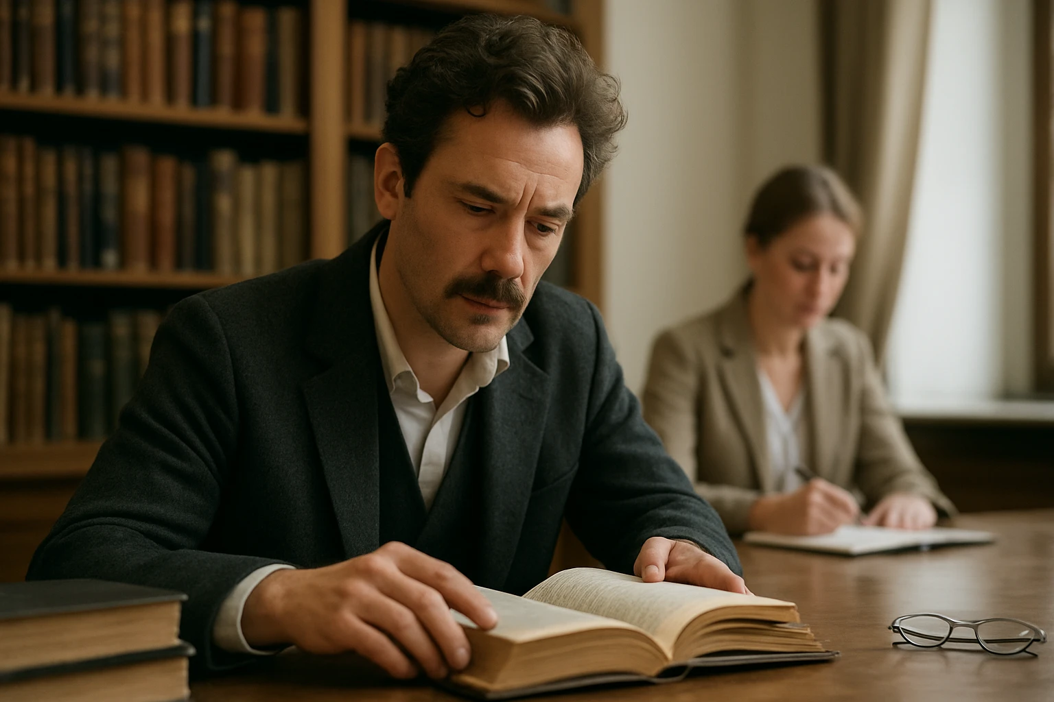 Egy férfi figyelmesen olvas egy könyvet egy könyvtárban, háttérben egy nő jegyzetel.