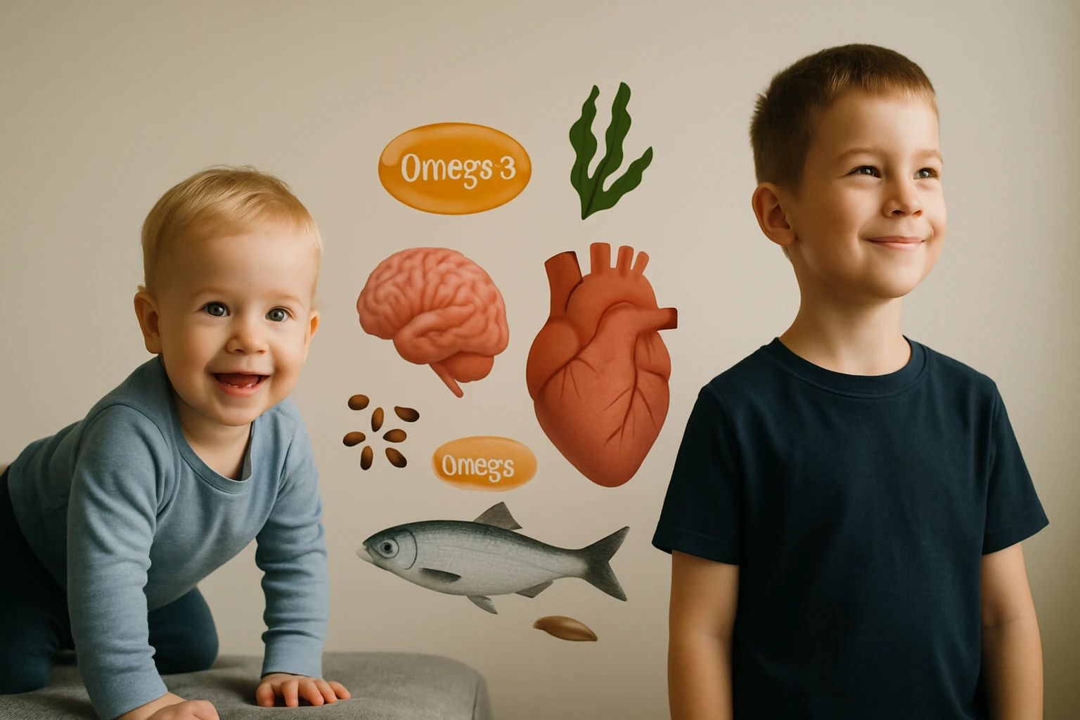 Két kisgyermek mosolyog, mellettük omega-3 zsírsavakat ábrázoló grafikák láthatók.