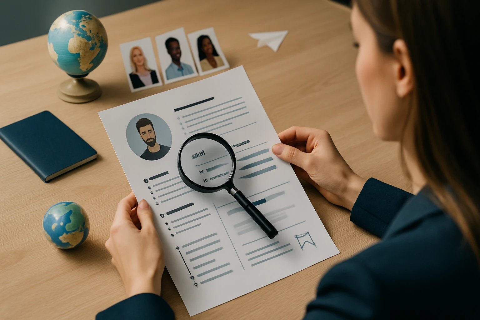 Egy nő egy önéletrajzot néz át, miközben nagyítót használ, háttérben földgömb és fényképek.