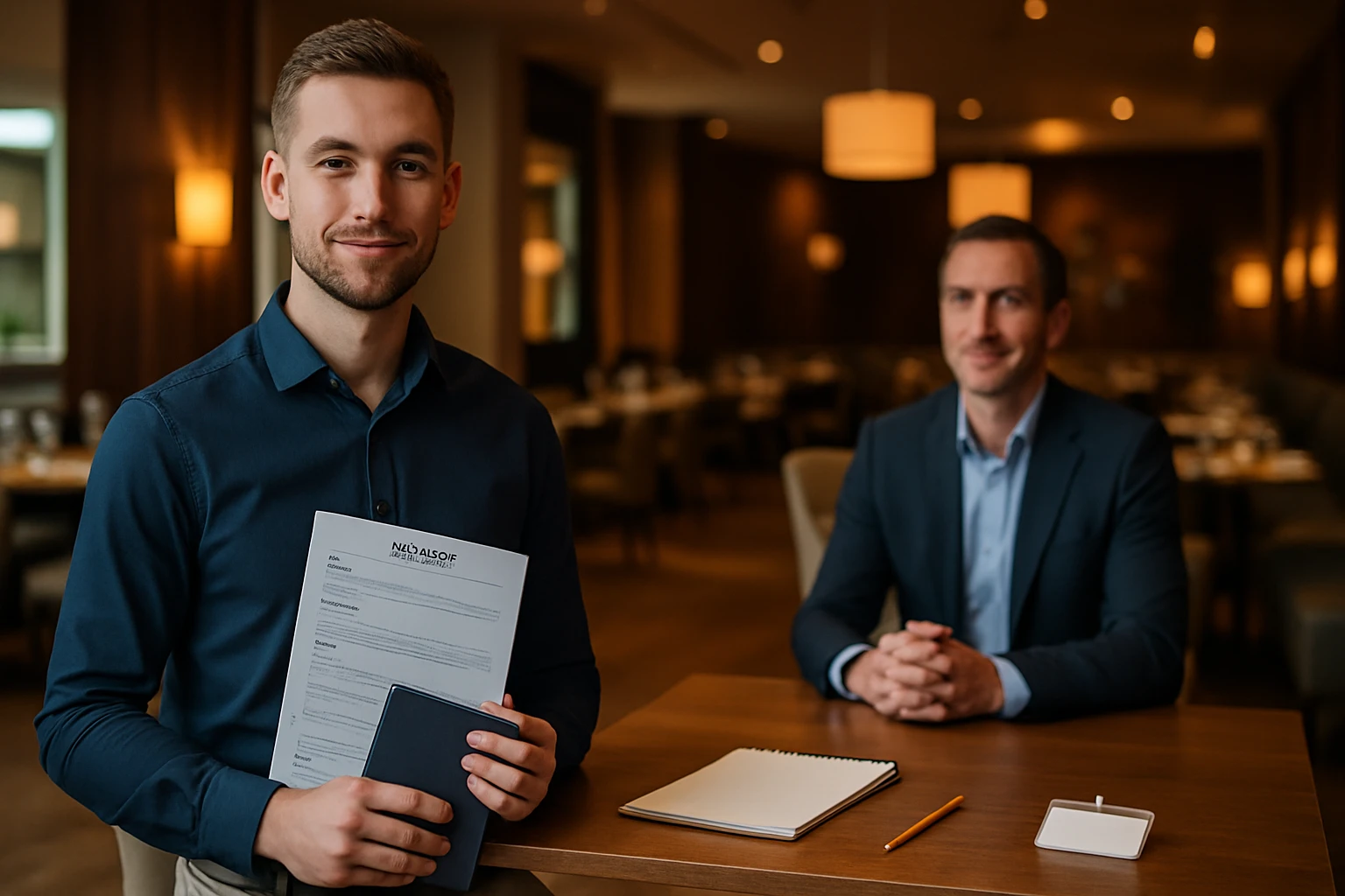 Egy fiatal férfi mosolyogva áll egy étteremben, kezében önéletrajzzal és noteszszal.