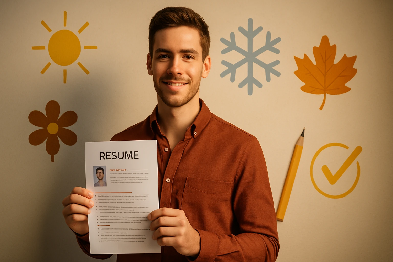 Egy fiatal férfi mosolyogva tart egy önéletrajzot, háttérben színes grafikák.