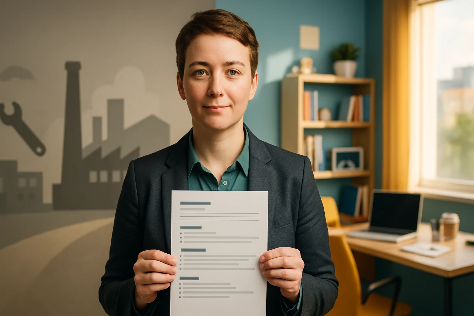 Egy fiatal nő öltönyben, kezében egy önéletrajzzal, irodai környezetben.