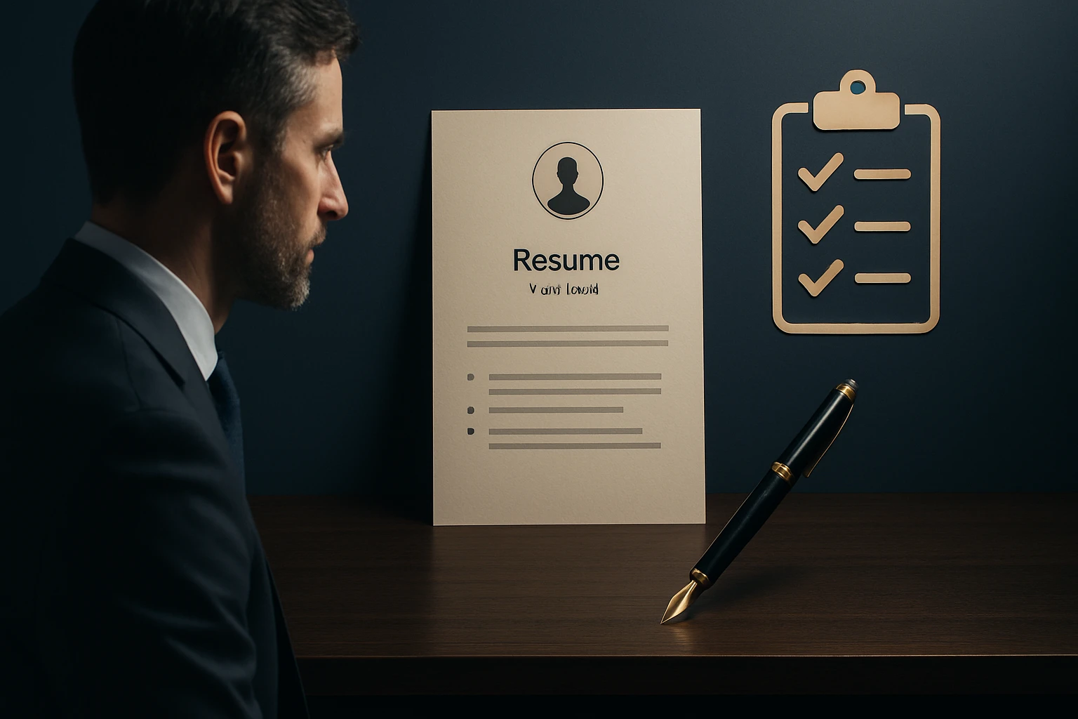 Egy férfi néz egy önéletrajzra és egy ellenőrző listára egy íróasztalon.