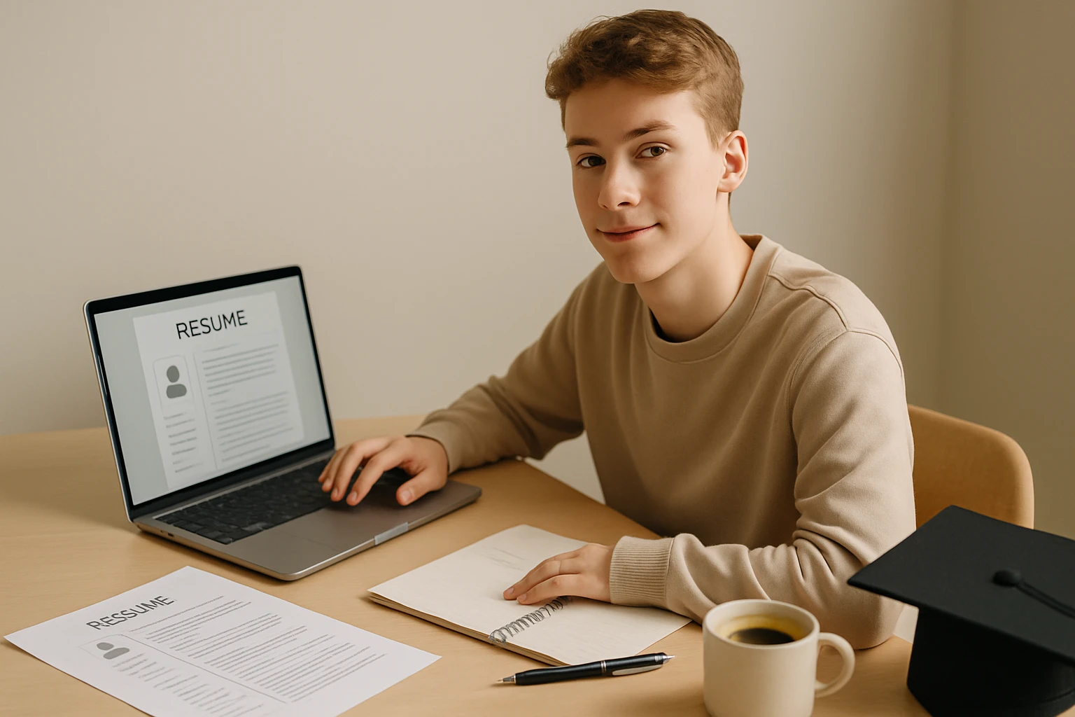 Egy fiatal fiú ül egy asztalnál, laptop előtt, önéletrajzot ír.