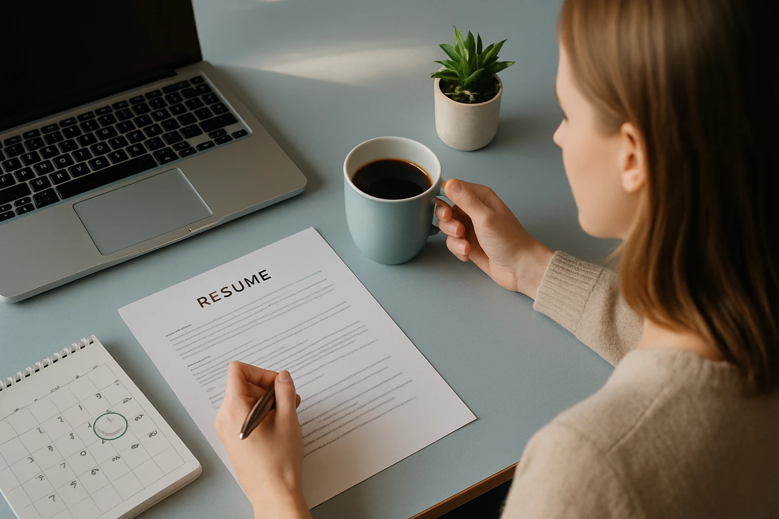 Egy nő a számítógép előtt ülve kávét iszik, miközben önéletrajzot ír.