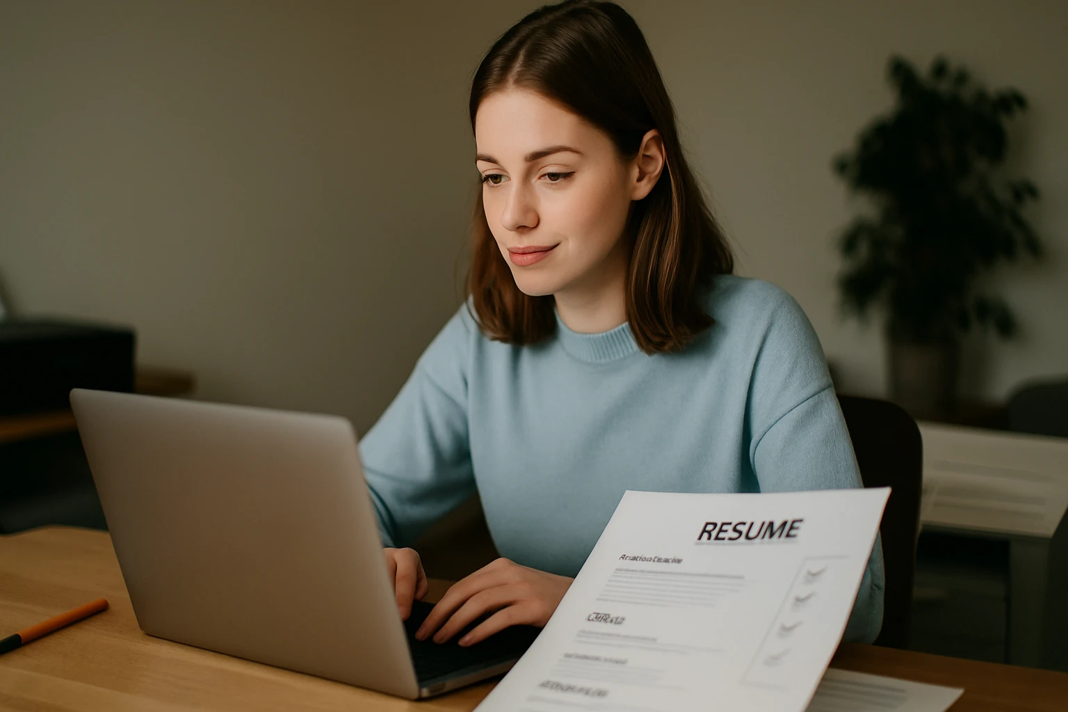 Egy fiatal nő laptop előtt ülve, figyelmesen dolgozik, mellette egy önéletrajz.