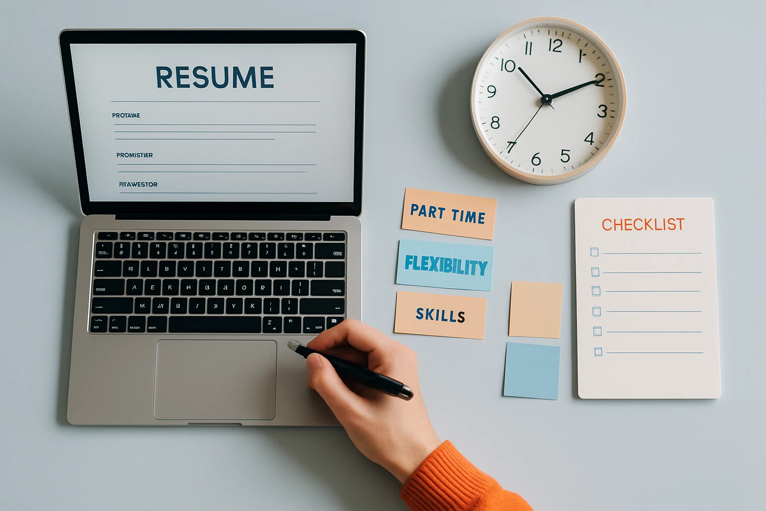 Egy laptop billentyűzetén kéz ír, a képernyőn önéletrajz látható, mellette színes cetlik.