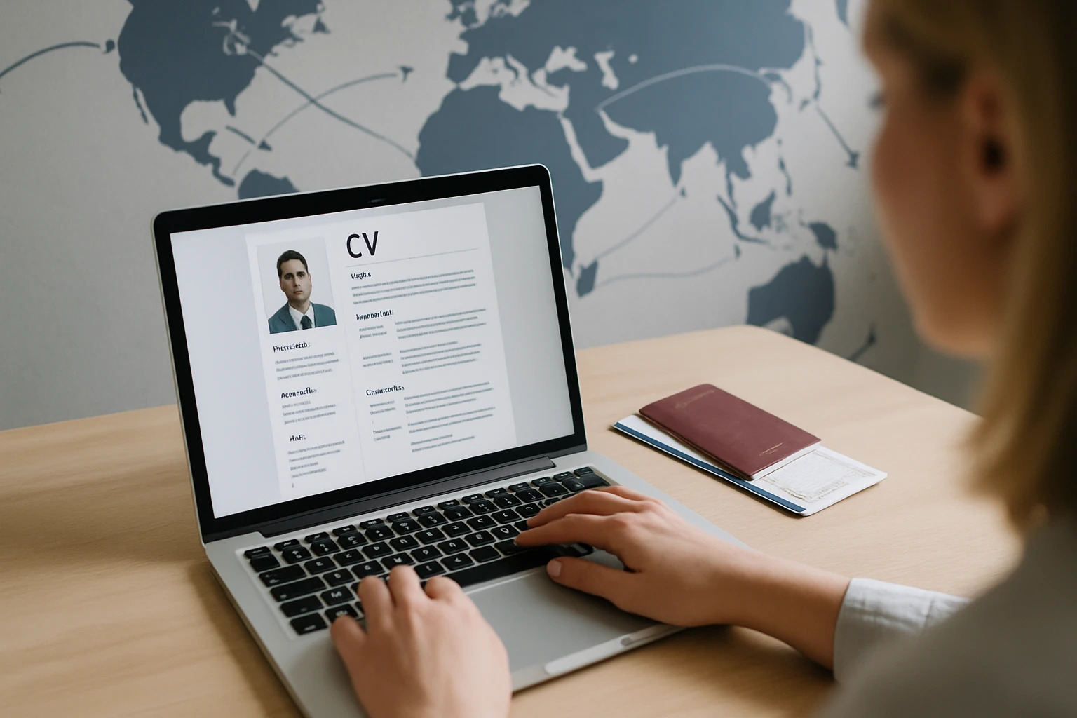 Egy nő laptopján egy önéletrajz látható, háttérben világ térképpel.