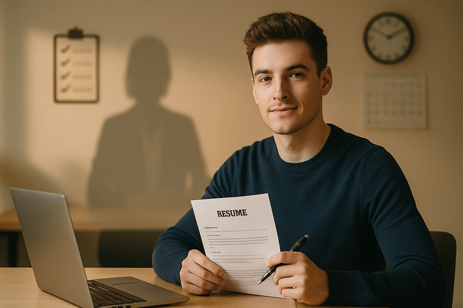 Egy fiatal férfi mosolyogva tart egy önéletrajzot, laptop előtt ülve.