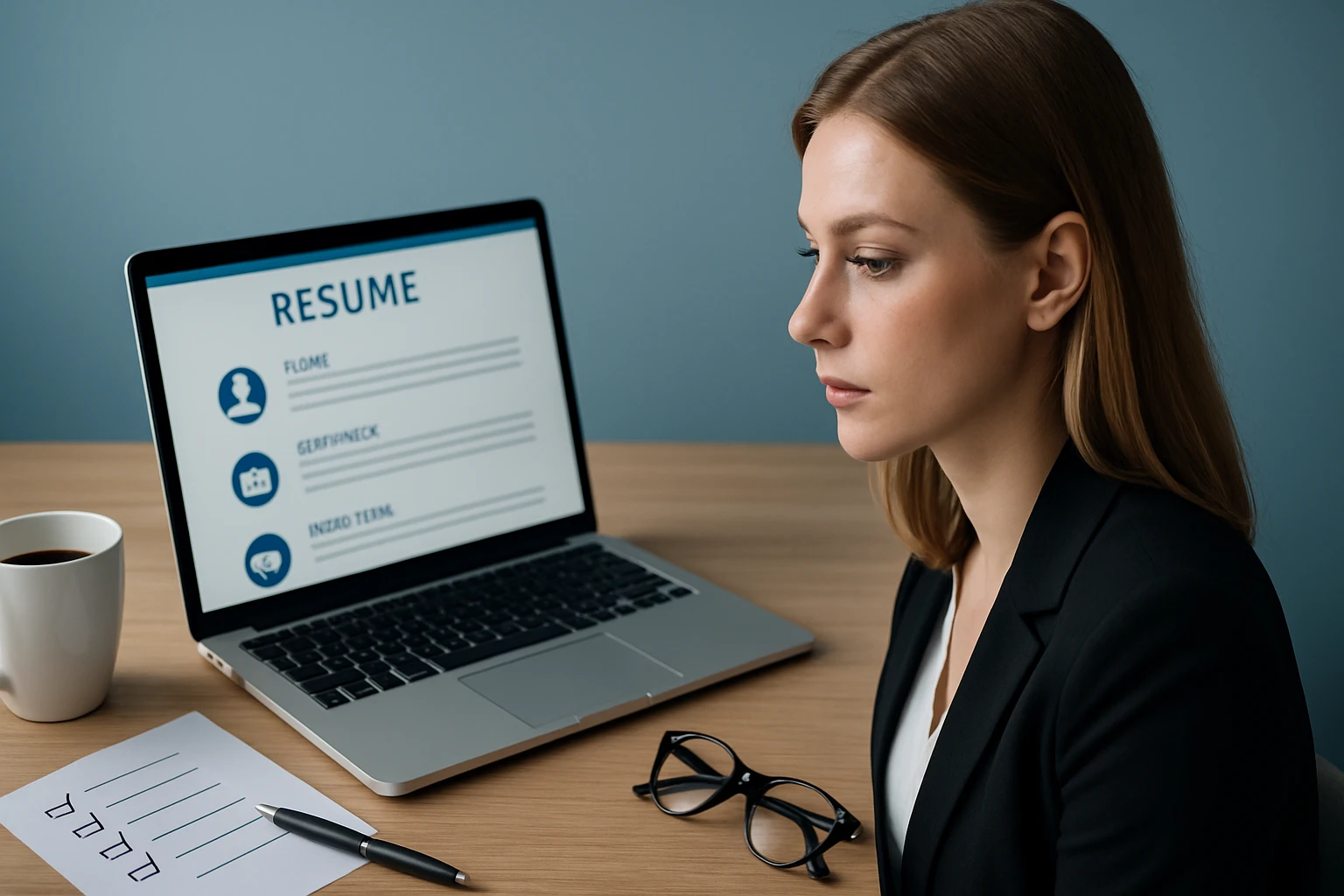 Egy fiatal nő figyelmesen néz egy laptop képernyőjére, amelyen egy önéletrajz látható.