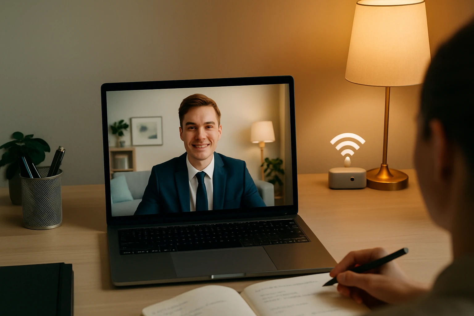 Egy fiatal férfi mosolyog a laptop képernyőjén, háttérben világos szoba.