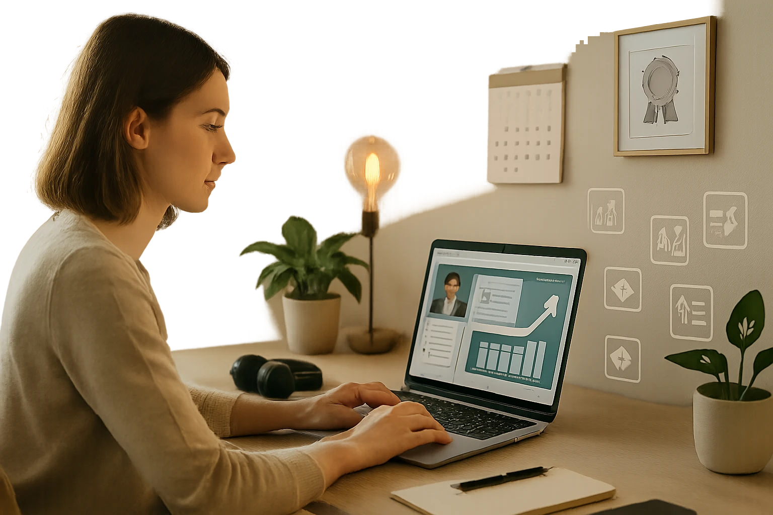 Egy fiatal nő dolgozik a laptopján, miközben online tanfolyamot követ.