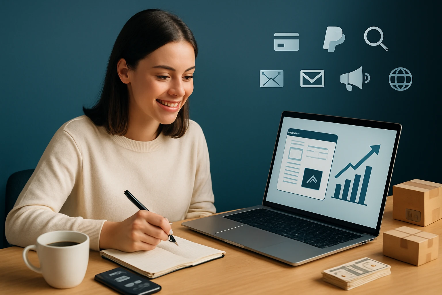 Egy fiatal nő mosolyogva dolgozik a laptopján, jegyzetel egy füzetbe, miközben online üzleti tevékenységeket végez.