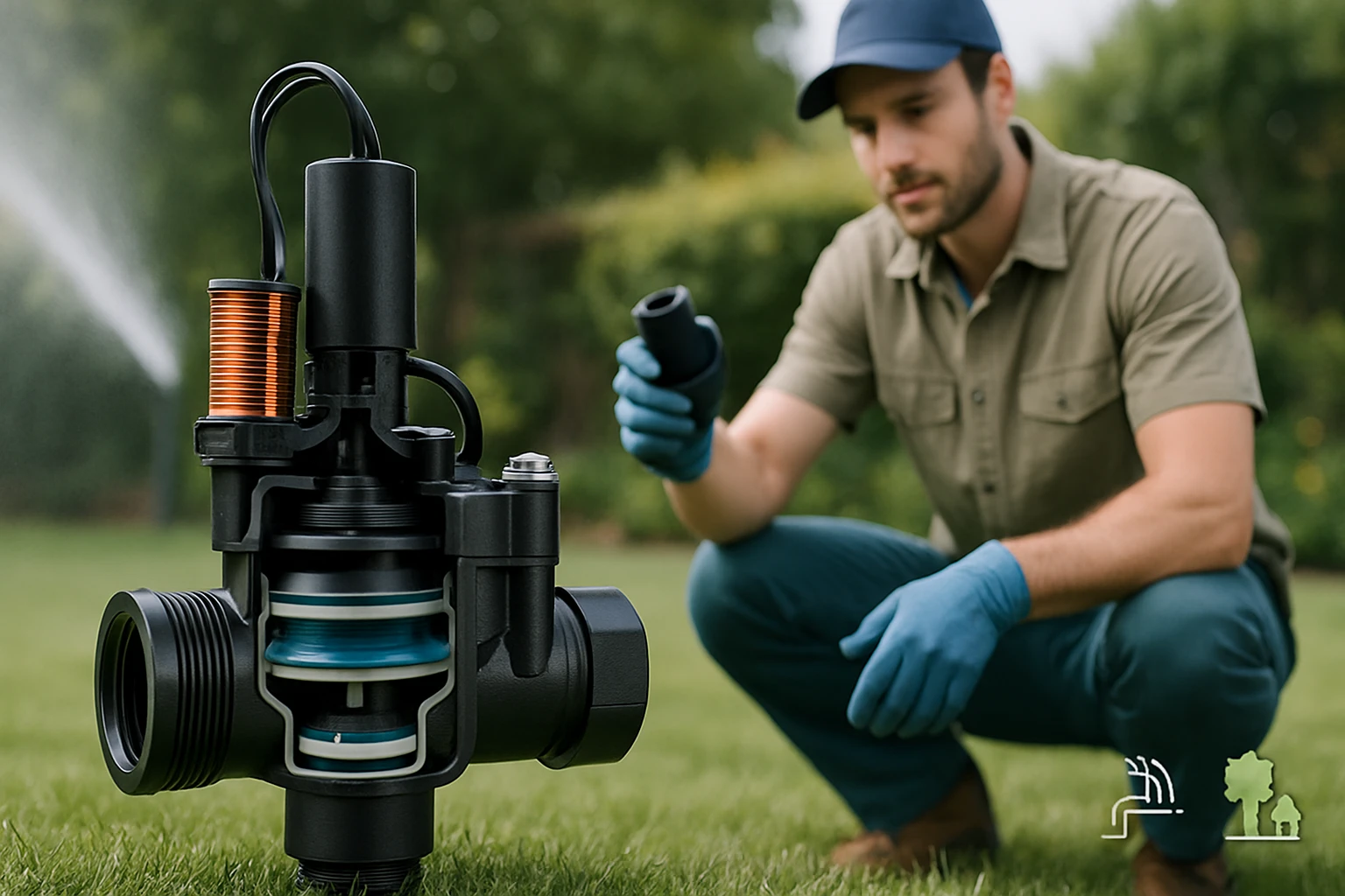 Egy férfi a kertben egy öntözőberendezés alkatrészét vizsgálja, miközben a háttérben vízsugár látható.